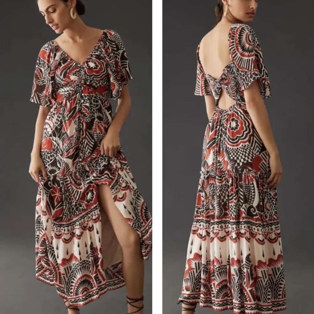 By Anthropologie Tiered Maxi Dress V Neck Flutter Sleeve Size Medium